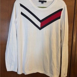 Tommy Hilfiger Signature Logo White Sweater with Red and Blue Chevron Size L